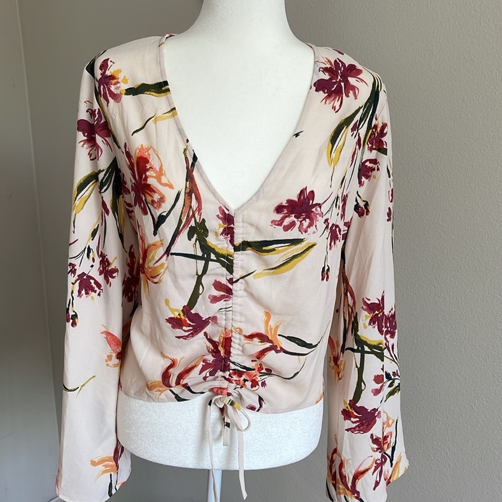Leith Floral V-Neck Blouse in Cream with Pink and Green Accents